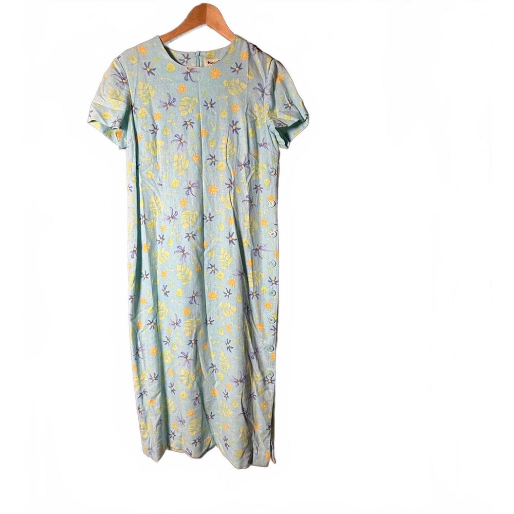 APPLESEEDS Linen Blue Flower Short Sleeve Long Dress SZ 10P Cottagecore Y2K